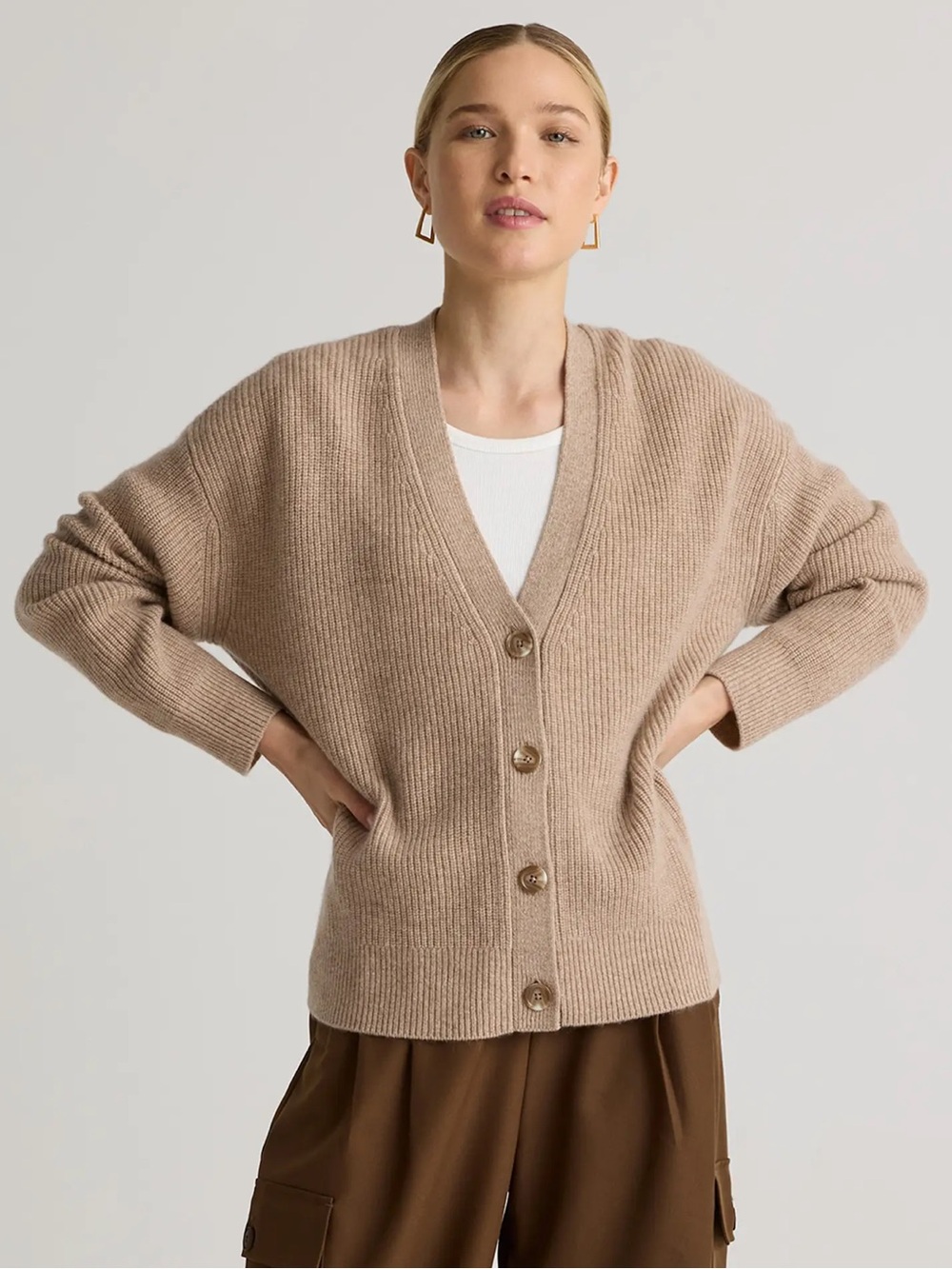 Womens Beige Cashmere Button-Front V-Neck Cardigan Sweater